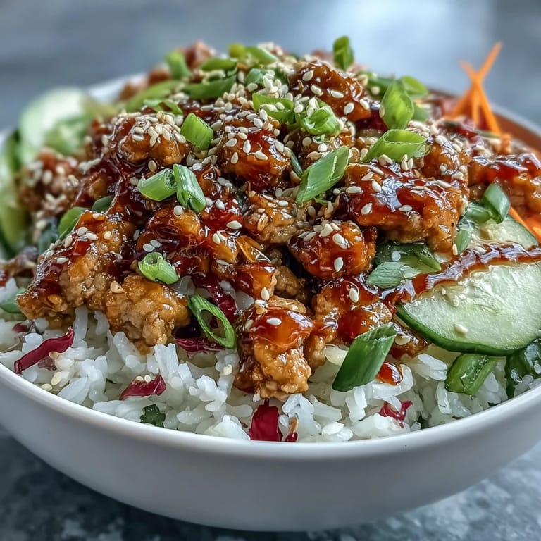 Sizzling ground turkey meets crisp veggies and creamy bang bang sauce in this finished bowl, ready to serve.