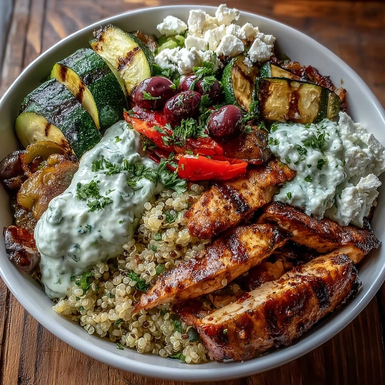 Vibrant Healthy Grilled Mediterranean Bowl featuring juicy chicken or halloumi, smoky eggplant, briny olives, feta, and fresh parsley garnish.