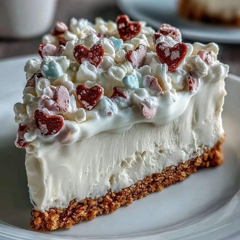 A close-up of the Candy Hearts Fake Cake shows fluffy cream cheese filling, a buttery graham cracker base, and a festive border of pastel candy hearts.