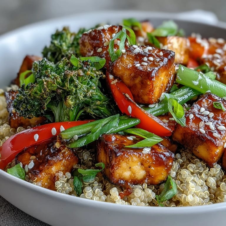 A vibrant serving of Quinoa Vegetable Teriyaki Bowl topped with green onions and sesame seeds, featuring tender-crisp broccoli, peppers, and carrots.