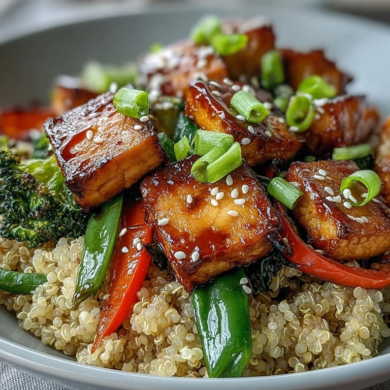 Spoon lifting a bite of Quinoa Vegetable Teriyaki Bowl, showing glazed tofu and nutritious vegetables against a dark background for contrast.