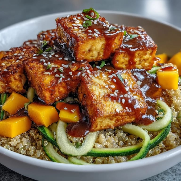 Healthy Easy Teriyaki Quinoa Bowl served in a ceramic bowl, featuring bright orange carrots, green zucchini, and ripe mango chunks.