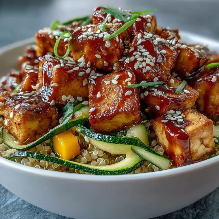 A close-up view of a freshly prepared Easy Teriyaki Quinoa Bowl, highlighting golden tofu and a generous drizzle of savory sauce.