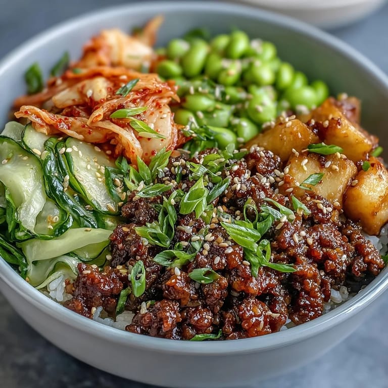A vibrant bowl of Korean Ground Beef Bowl featuring edamame, cucumber slices, and savory gochujang sauce for dinner.