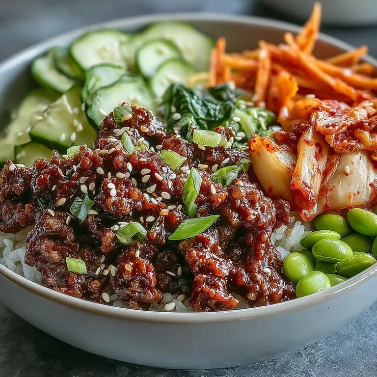 Quick 30-minute Korean Ground Beef Bowl served hot, packed with tender beef, fresh veggies, and a drizzle of sesame oil.