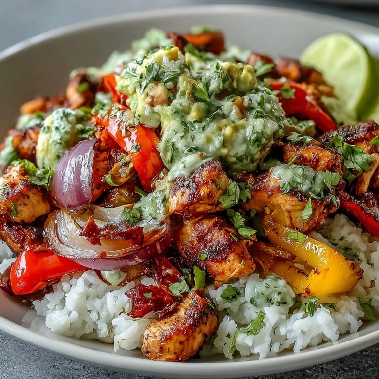 Sheet Pan Chicken Tinga Bowl topped with chunky avocado salsa and fresh cilantro.