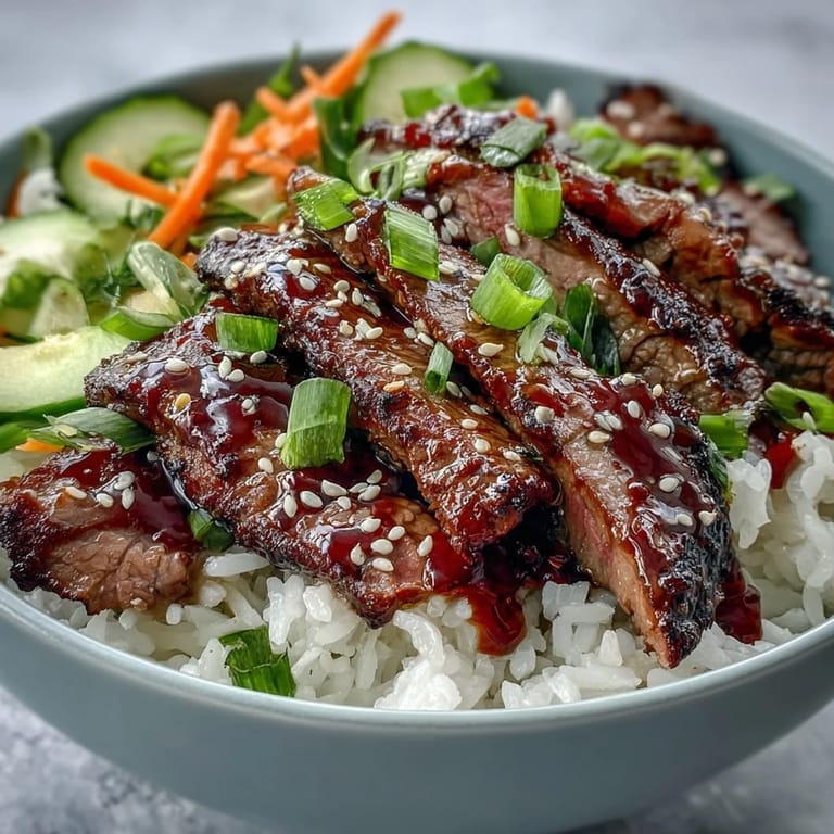 Assembled Korean Beef Power Bowl featuring tender beef, spicy mayo drizzle, and a garnish of toasted sesame seeds.
