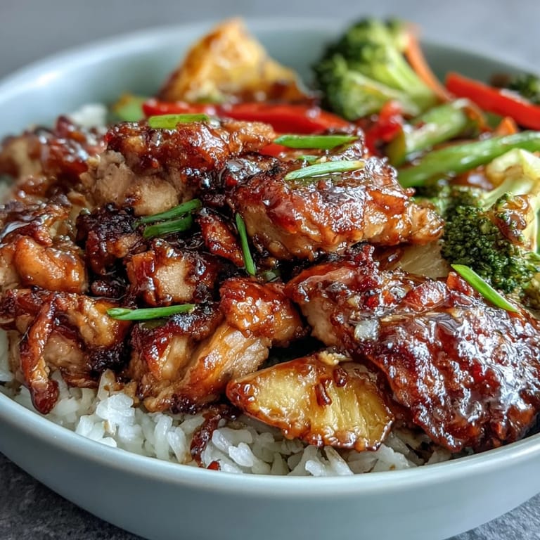 A close-up of a teriyaki chicken and rice bowl showing tender chicken and stir-fried vegetables for a weeknight dinner.