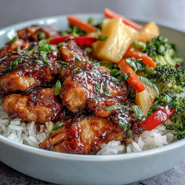Steaming teriyaki chicken and rice bowl topped with scallions and sesame seeds, served on a ceramic plate for family meals.