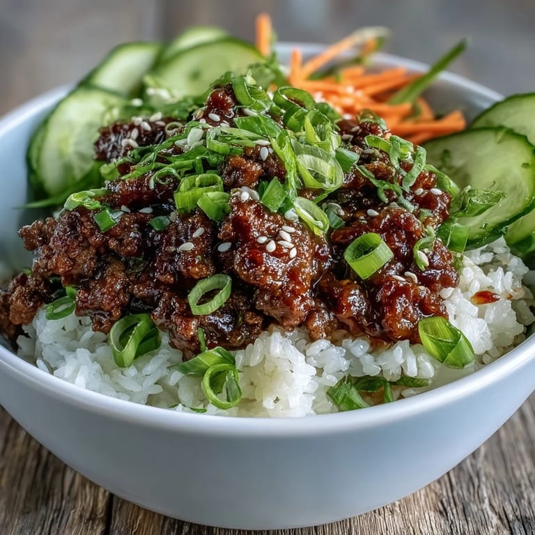 Overhead view of a vibrant Easy Korean Beef Bowl featuring colorful julienned carrots and sesame seeds, highlighting the savory, sticky sauce and choice of cauliflower rice for a low-carb meal.