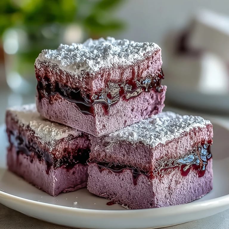 Freshly cut squares of homemade Black Currant Marshmallows resting on a sheet of parchment paper, highlighting their pillowy softness.