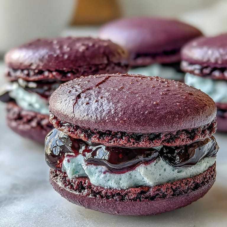 Cracked Black Currant Macarons reveal tangy purple ganache on a rustic wooden serving platter.