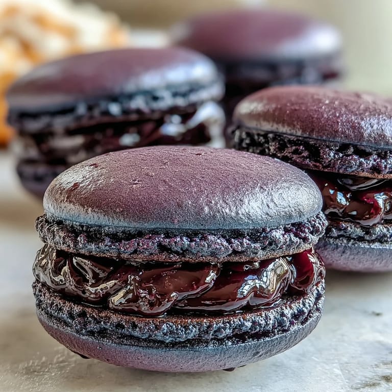 Delicate Black Currant Macarons are sandwiched with glossy ganache and garnished with fresh blackcurrants.