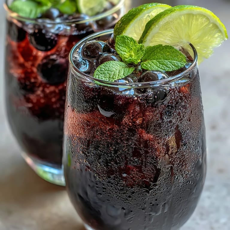Close-up of a vivid purple Black Currant Mocktail with fizzy bubbles, mint, and lime on a summer table.