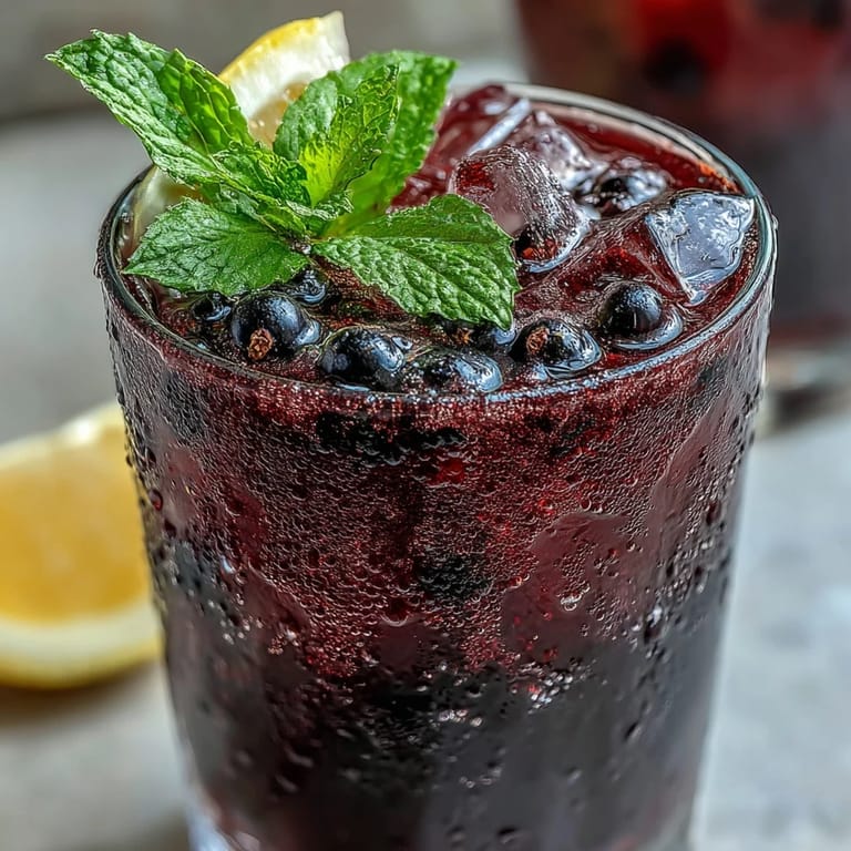 Close-up of ingredients for the Black Currant It Berry Celebration Drink, featuring fresh currants, lemon slices, and ice.