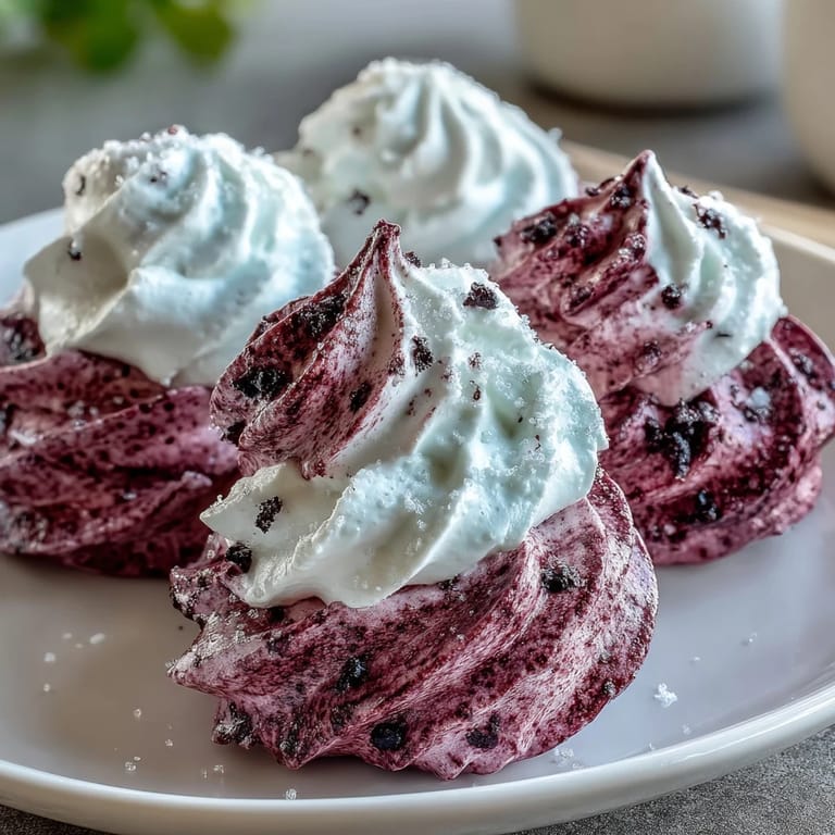 Stack of gluten-free Black Currant Meringues with a light, airy texture, perfect with afternoon tea.