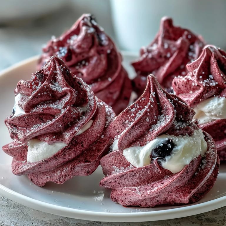Freshly baked Black Currant Meringues featuring tangy blackcurrant powder, cool and elegant on a dessert plate.