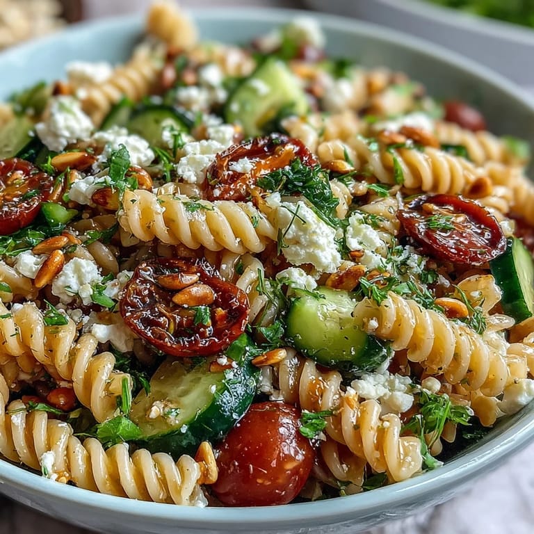 Refreshing pasta salad with crisp cucumbers, juicy tomatoes, and bright lemon vinaigrette—ideal for summer picnics or light lunches.