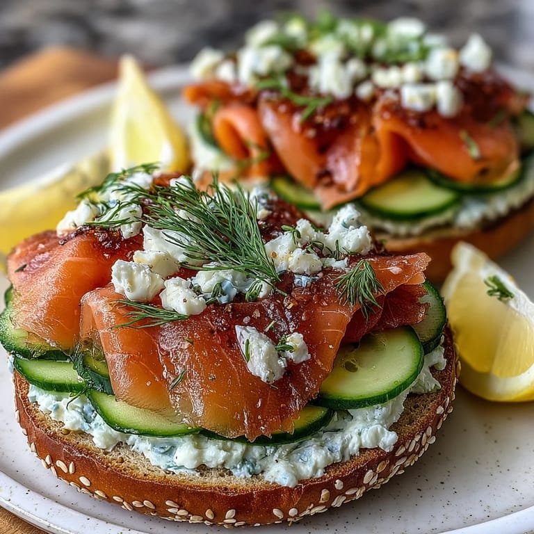 Elegant smoked salmon and bagel platter with whipped chive cream cheese, sliced vegetables, and lemon wedges for easy entertaining.