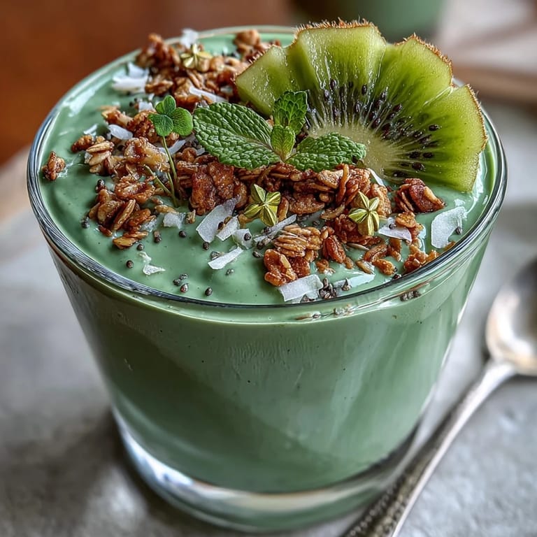 Creamy spinach and avocado smoothie bowl topped with kiwi clover, pumpkin seeds, and edible gold stars for a lucky St. Patrick's Day treat.