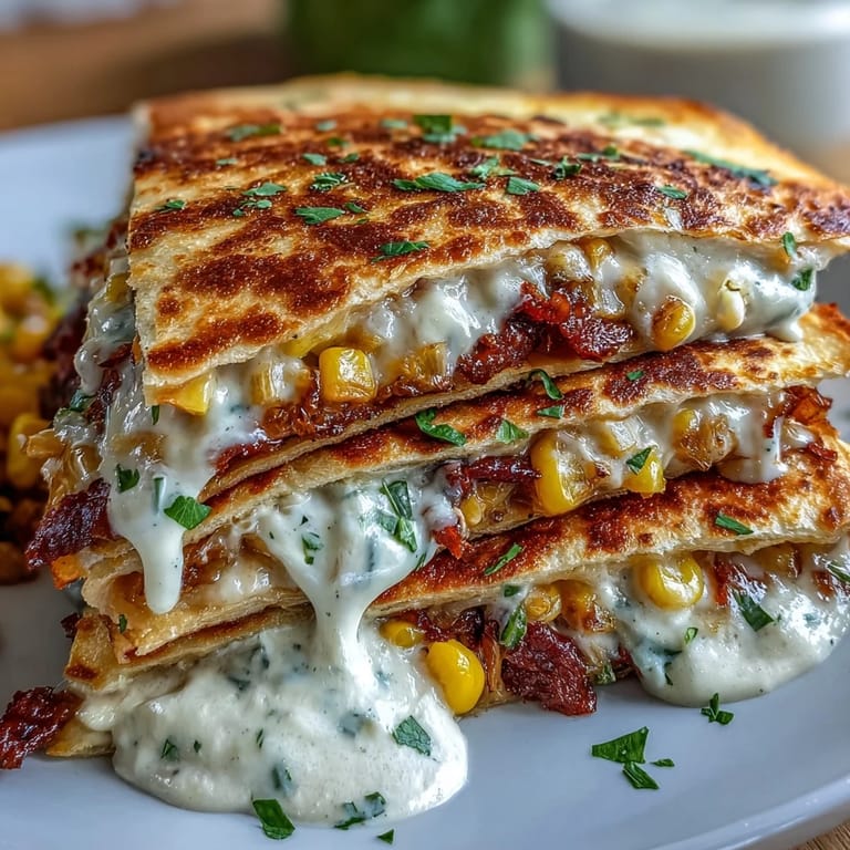 Festive street corn quesadillas loaded with spices, fresh cilantro, and Cotija cheese, drizzled with creamy chipotle sauce and lime wedges.
