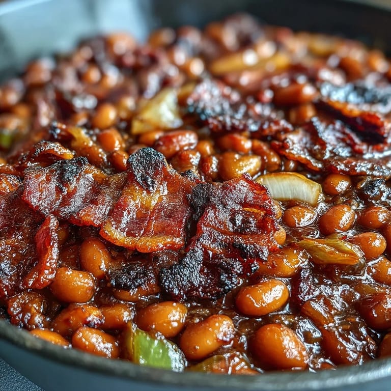 Golden-brown baked beans in rich molasses sauce, topped with crunchy bacon, perfect for backyard barbecues.