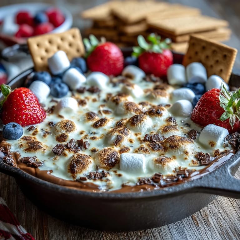 Golden marshmallows toasted to perfection atop a rich chocolate base, served with graham crackers for a festive smores dip.