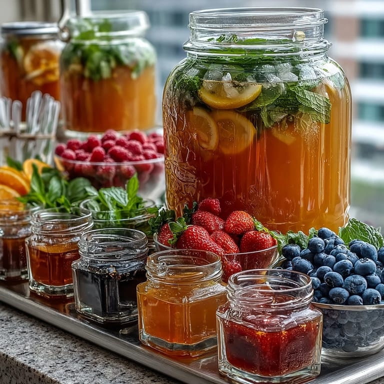 Vibrant lemonade bar featuring sliced lemons, berries, and mint for a refreshing DIY drink experience.