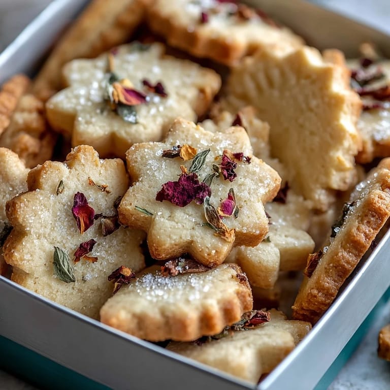 Buttery shortbread cookies adorned with dried rose petals and lavender, perfect for gifting on Mother's Day with a touch of elegance.