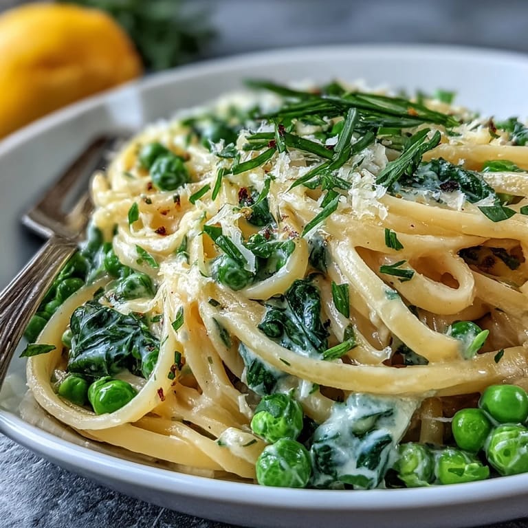 Spring pasta with lemon cream sauce and peas, tender noodles coated in velvety, zesty sauce.
