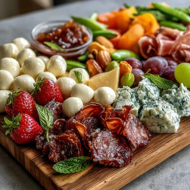 Colorful charcuterie arrangement features mini mozzarella, cheddar, and fresh berries in charming Easter basket-style presentation.
