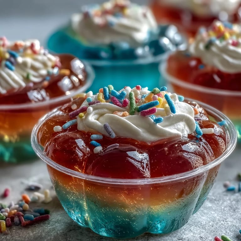 Rainbow Jello Cups for Kids: Seven bright Jello layers in clear cups, topped with whipped cream and rainbow sprinkles for a fun treat.