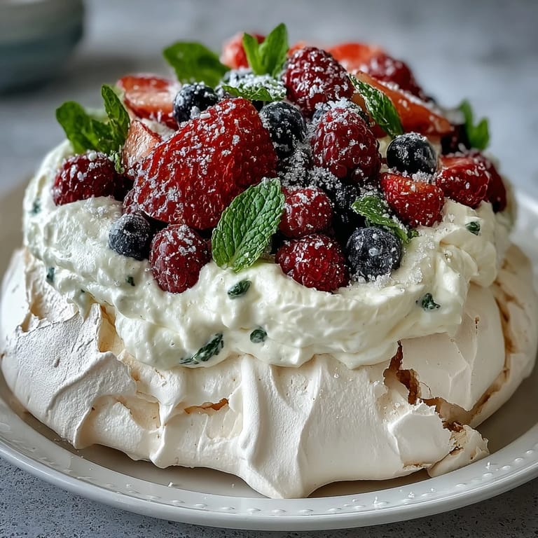 Whipped cream and berry pavlova dessert with vibrant red and blue fruits on a golden crisp base.