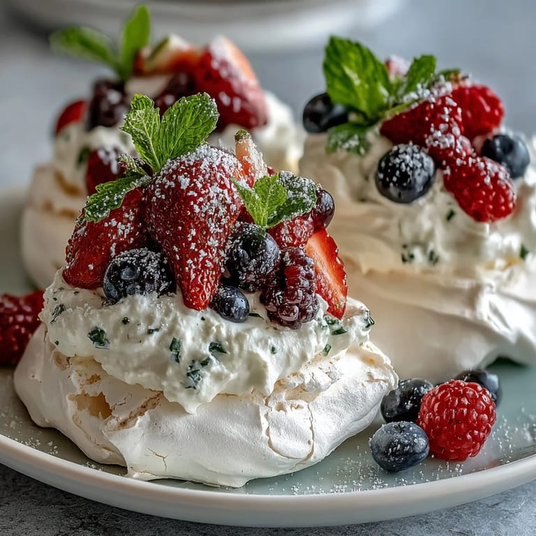 Light pavlova crowned with fresh berries and vanilla cream, perfect for spring celebrations or afternoon tea.