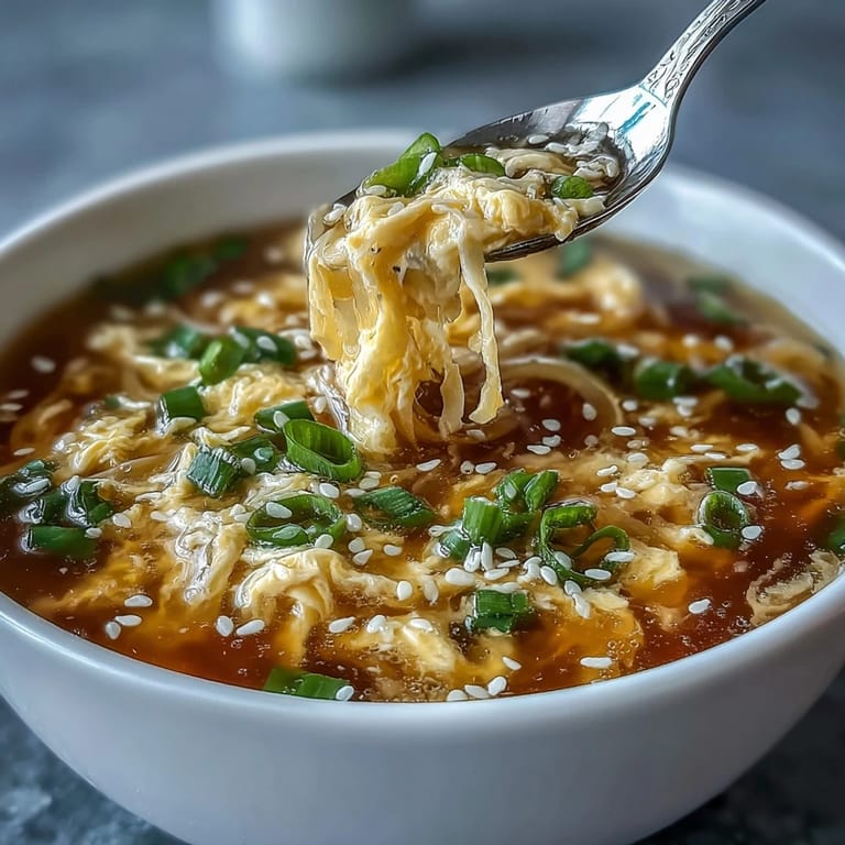 A close-up view of homemade egg drop soup showcasing the smooth egg ribbons and aromatic steam rising from the seasoned, savory broth.