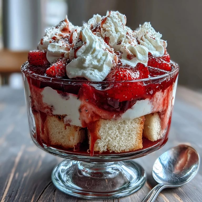 A glass trifle bowl filled with cubed vanilla cake, juicy strawberries, and fluffy whipped cream—perfect for summer gatherings.  