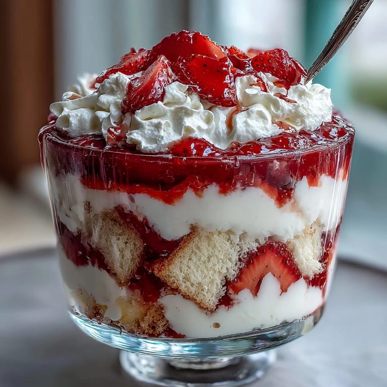 Delightful Strawberry Shortcake Trifle with tender cake cubes, sweet macerated strawberries, and clouds of vanilla whipped cream.