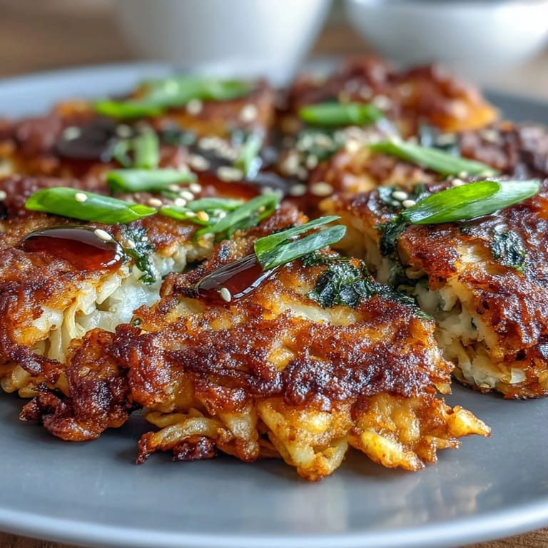 Pan-fried kimchi pancakes featuring crunchy napa cabbage and spicy kimchi, cut into wedges and ready for dipping.