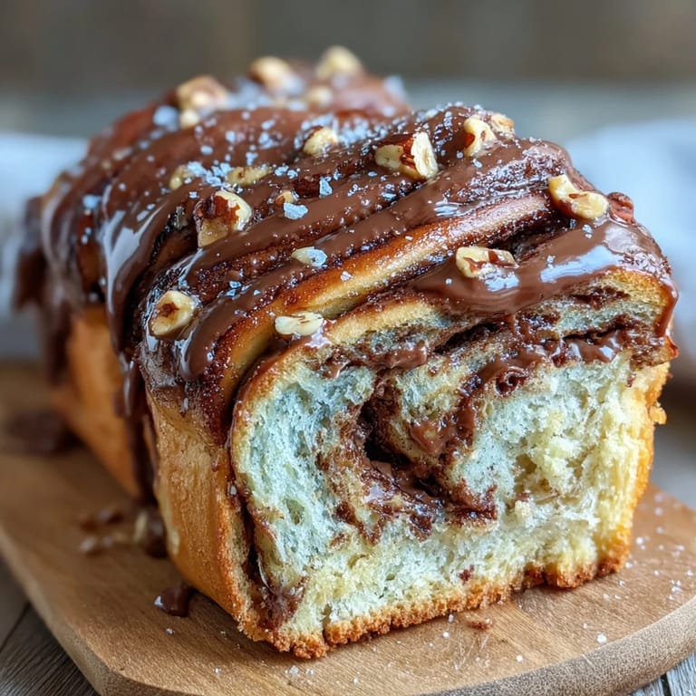 Close-up of twisted Nutella Babka, showcasing its gooey center.