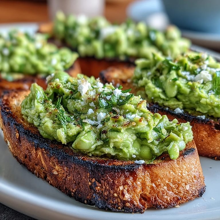 Delicious fava bean and mint bruschetta features bright flavors on perfectly grilled rustic bread.