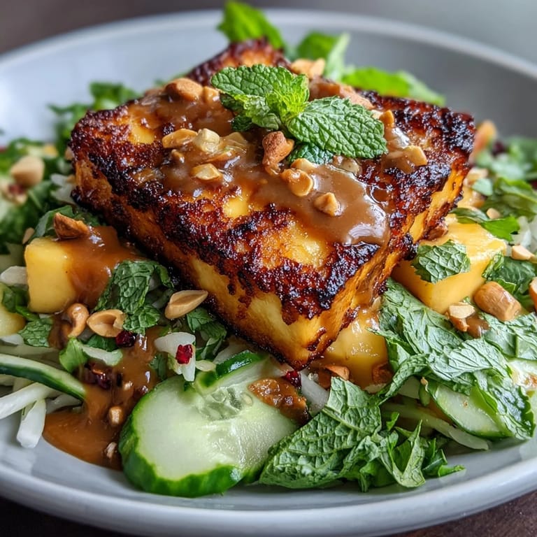 Golden crispy tofu tops a refreshing Thai mango salad, drizzled with creamy peanut dressing.