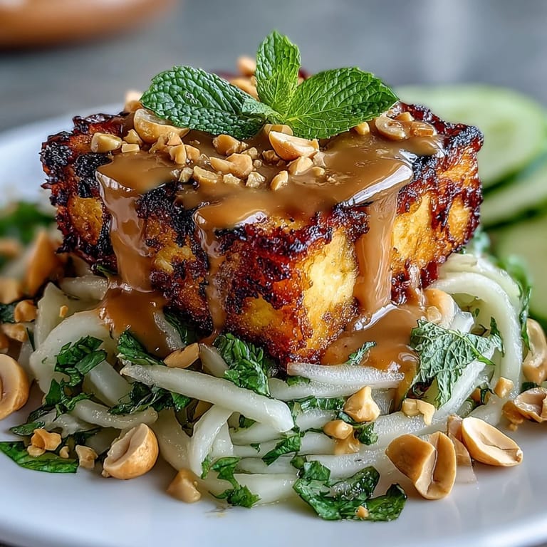A colorful Thai Mango Salad, a healthy vegan main with crunchy tofu and savory sauce.