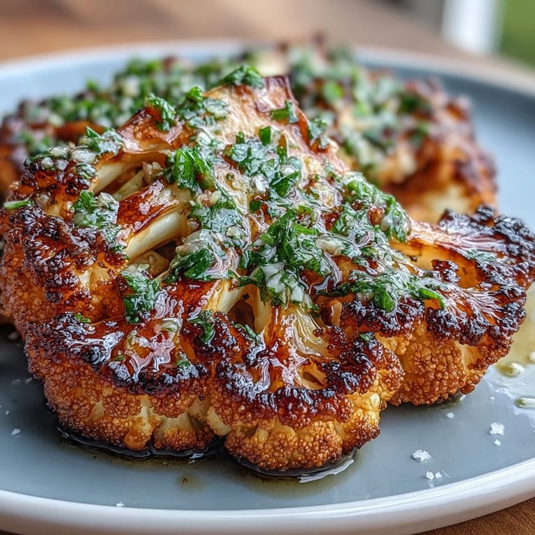 Charred BBQ cauliflower steaks featuring a bright herb sauce, grilled to perfection.