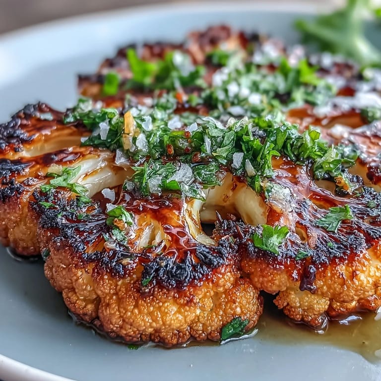 Delicious BBQ cauliflower steaks with zesty chimichurri, served warm and savory.