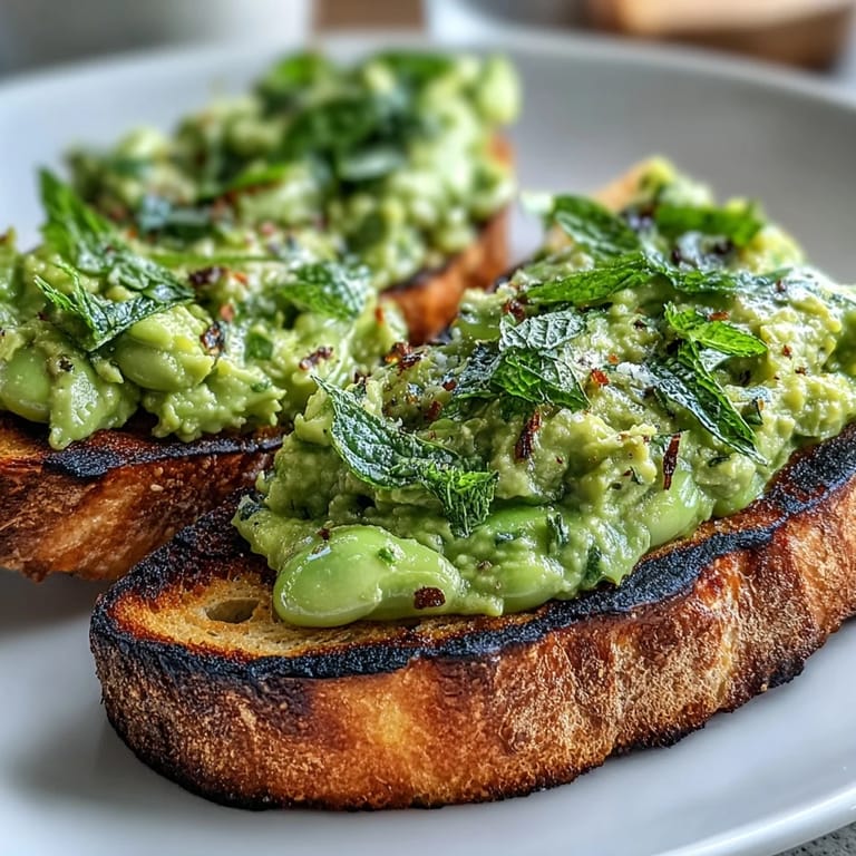 Smoky grilled sourdough piled high with creamy fava bean and mint topping, ready to serve.