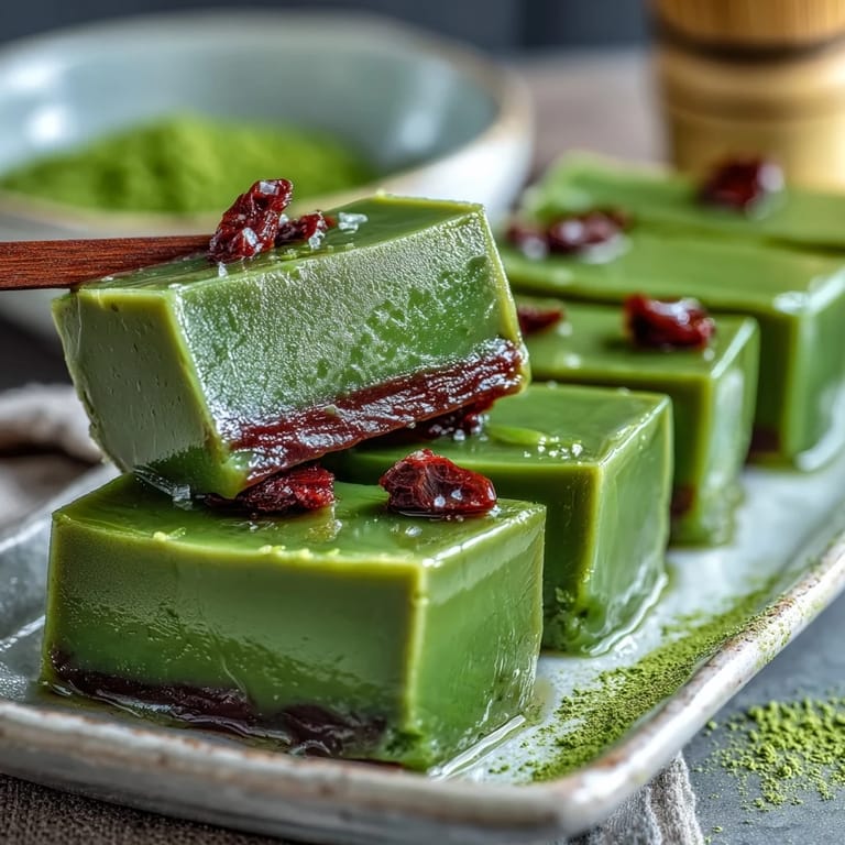 Smooth, jewel-toned Yokan dessert, beautifully presenting red bean and fragrant matcha flavors.