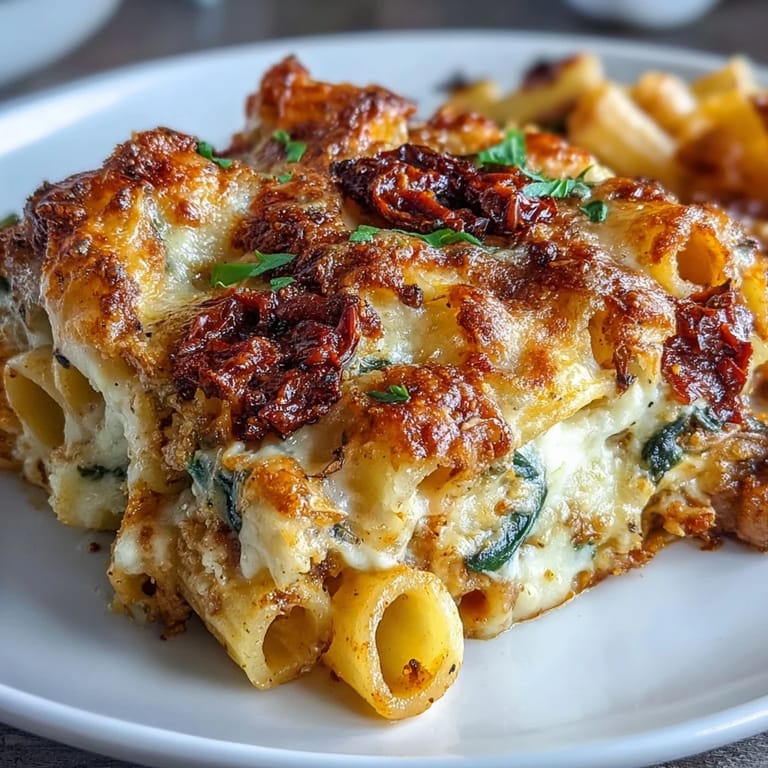 Golden sun-dried tomato pasta bake, a cheesy, comforting Italian-inspired weeknight dinner.