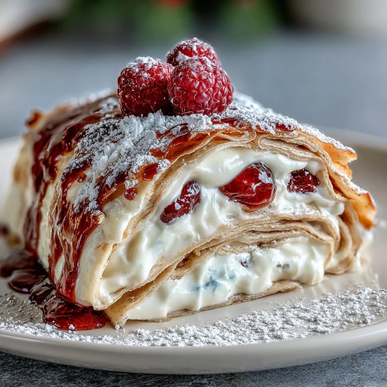 Elegant French crepe roll cake filled with sweetened whipped cream and juicy mixed berries.  
