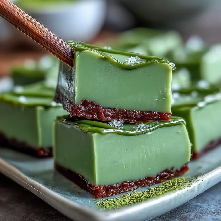 Chilled Yokan with vibrant matcha and sweet red bean, ready for elegant slicing and serving.