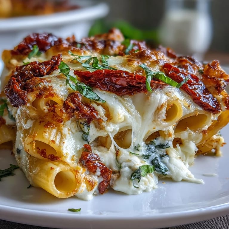 Cheesy sun-dried tomato pasta bake, a delicious vegetarian main dish with wilted spinach.